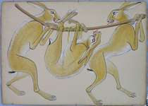 Lucie Ferliková, Z cyklu názorné výuky č.8,Tři zajíci, 100x70cm, akryl na kartonu, 2009